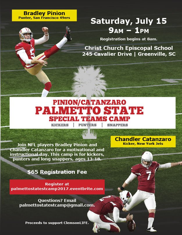 palmettocamp's tweet photo. Come join @thecatman39 and @pinion92 for a motivational special teams camp on July 15th at Christ Church Episcopal School in SC!! https://t.co/F6RURCiQUG