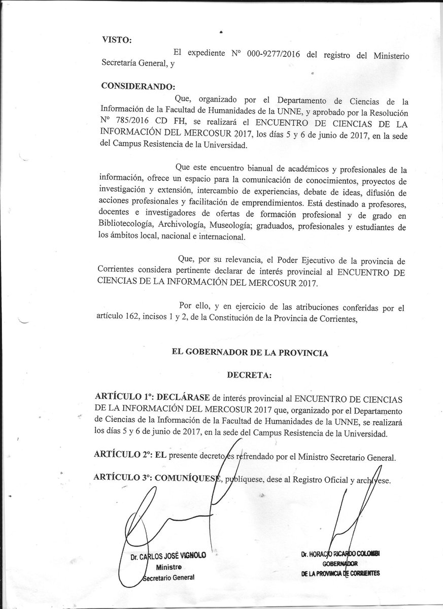 ECIM2017UNNE's tweet photo. Declaración de Interés Provincial al Encuentro de Ciencias de la Información del MERCOSUR 2017 - Gobierno de la Provincia de Corrientes. https://t.co/TI40HqjZfC