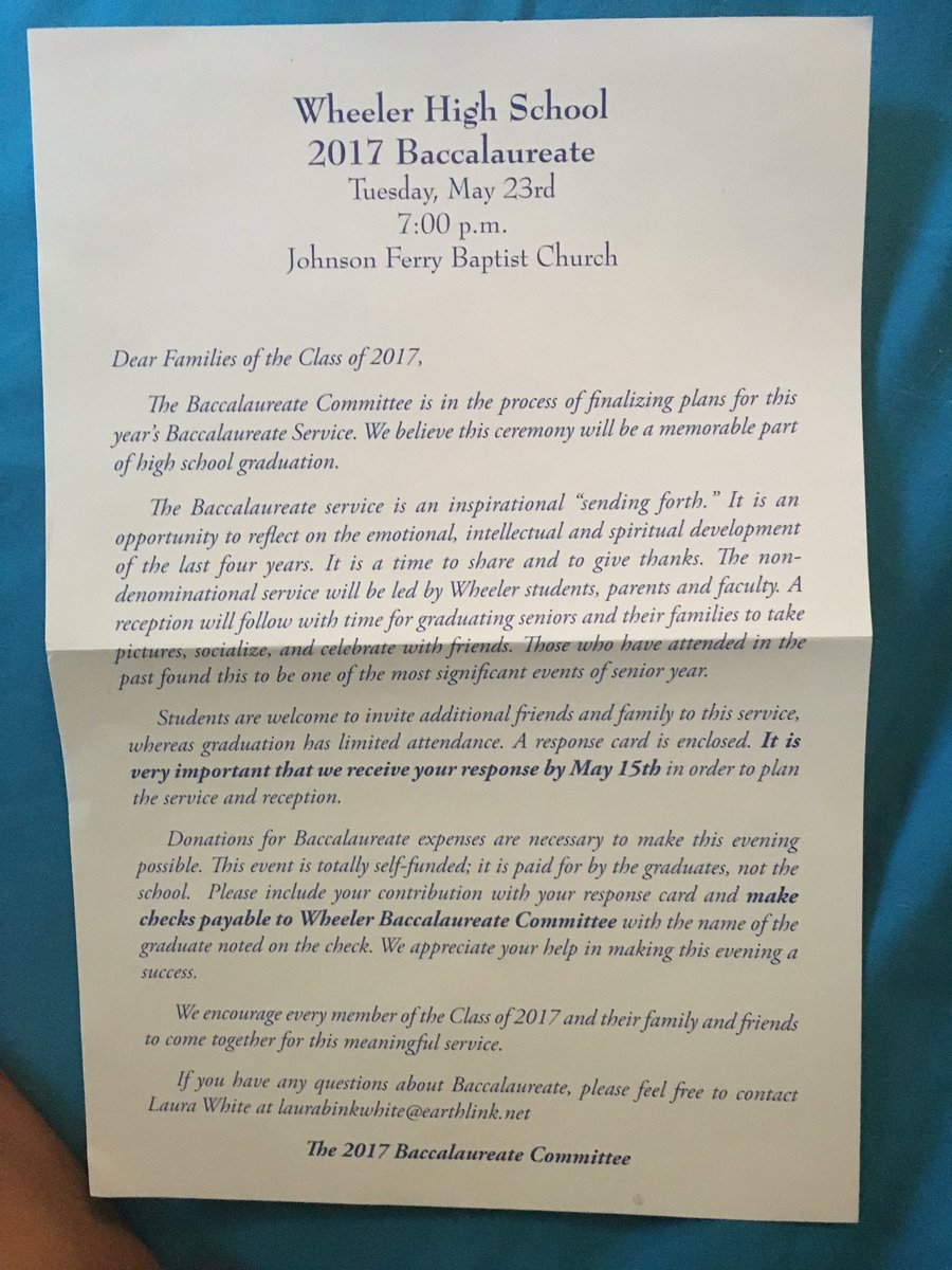 wheelerco2017's tweet photo. seniors! you should have gotten these in the mail about Baccalaureate. make sure to rsvp by May 15th, we hope to see you there! https://t.co/ShZy8M3GZr