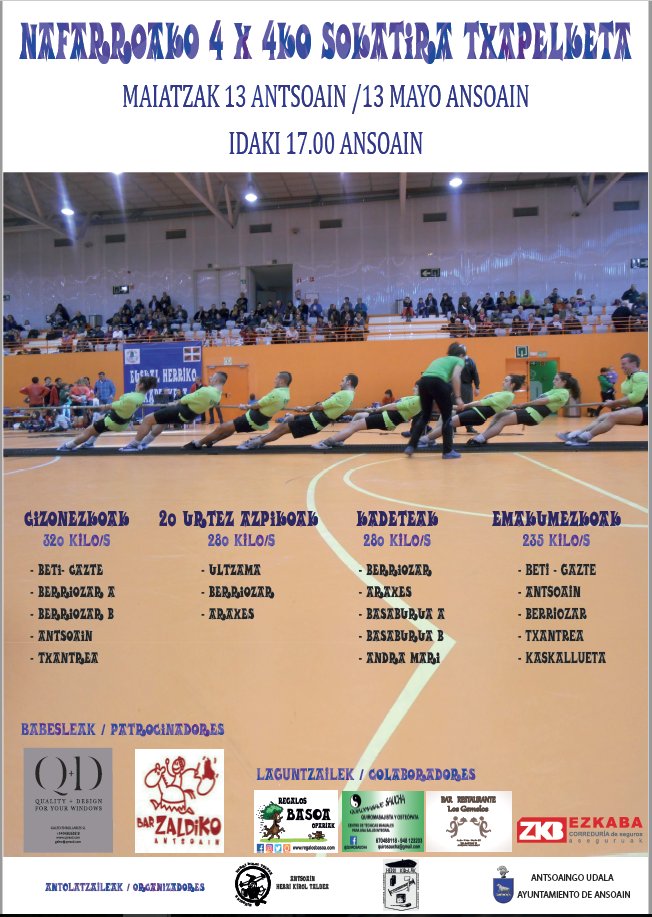Launbatean, maiatzak 13, Nafarroako 4x4ko sokatira txapelketa Antsoainen!! 
Animatu!! Agian zu zara hurrengoa tiratzen...