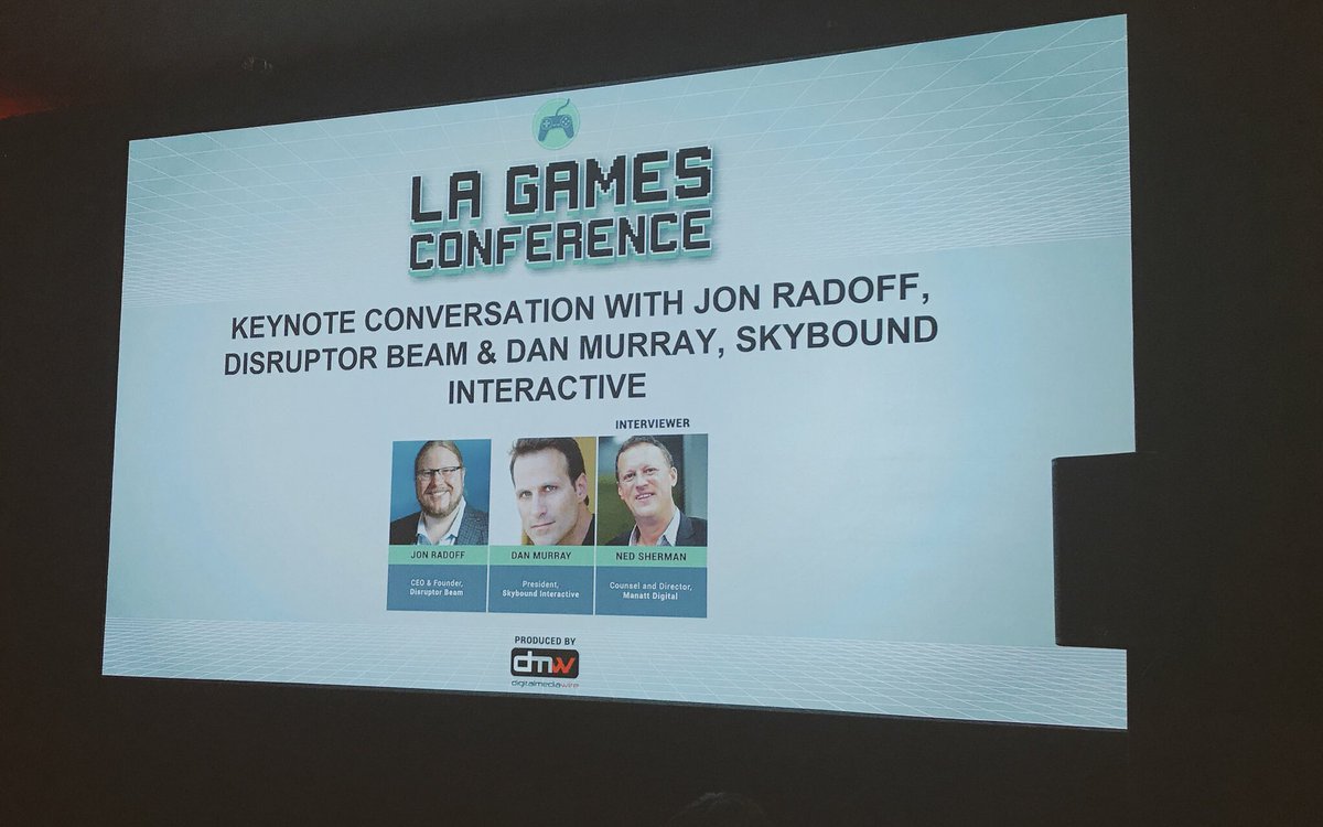 paigebonomi's tweet photo. Conversation with Dan Murray, @Skybound President and Jon Radoff, @DisruptorBeam CEO &amp; Founder led by @nedsherman at #LAGames2017 https://t.co/ngW3PGCFhw