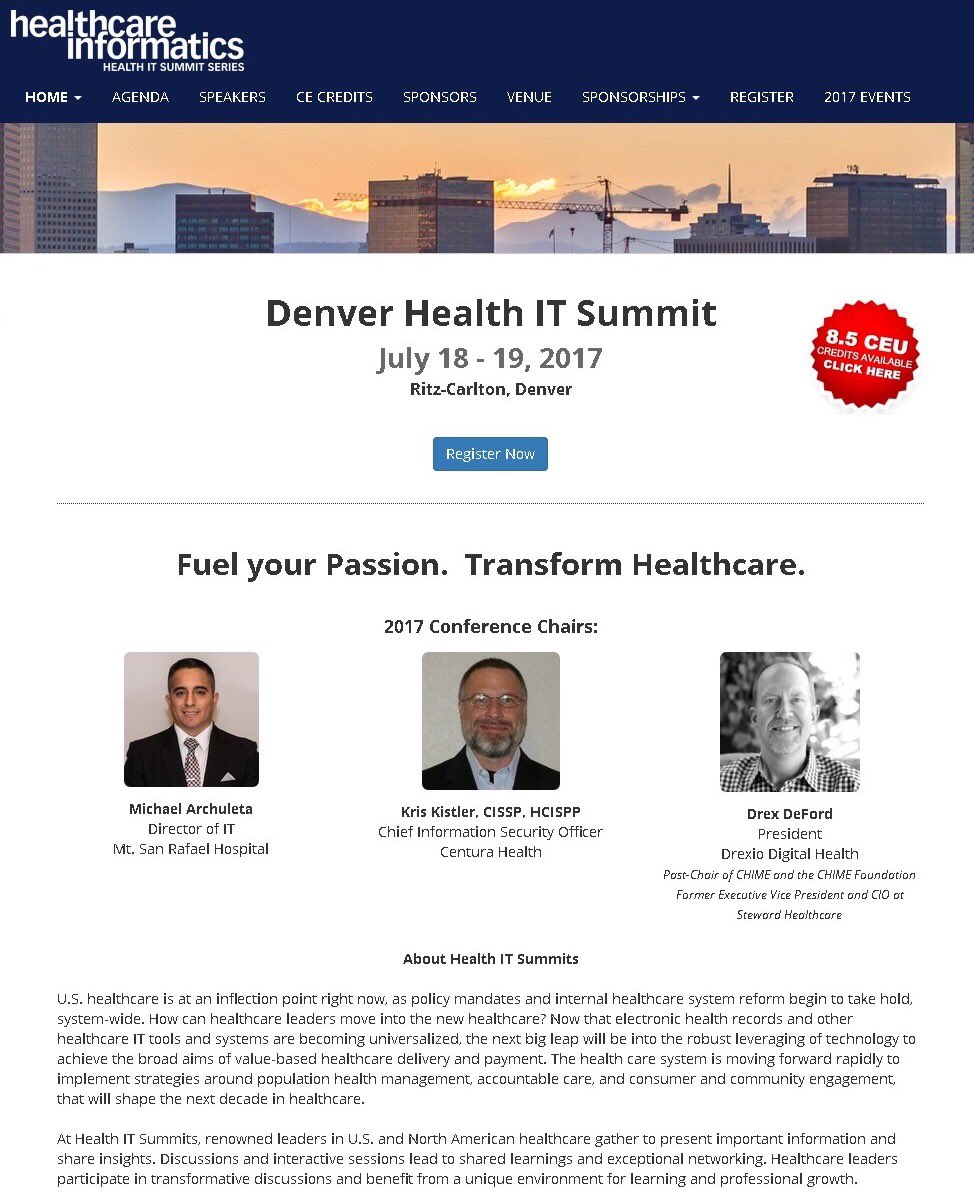Michael81082's tweet image. Join @HCInformatics at the #HITSummit July 18-19 @ the @RitzCarlton #Denver. Register @ vendome.swoogo.com/Denver-HIT-Sum… #Pinksocks #CIO #NetAppATeam