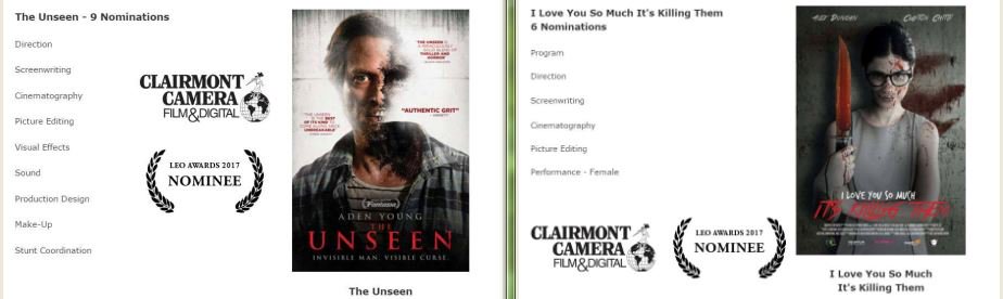 Congrats to #LeoAwards17 nominees #TheUnseen shot by Steve Maier &amp; #ILoveYouSoMuchItsKillingThem shot by Tony Mirza. #CamerasByClairmont