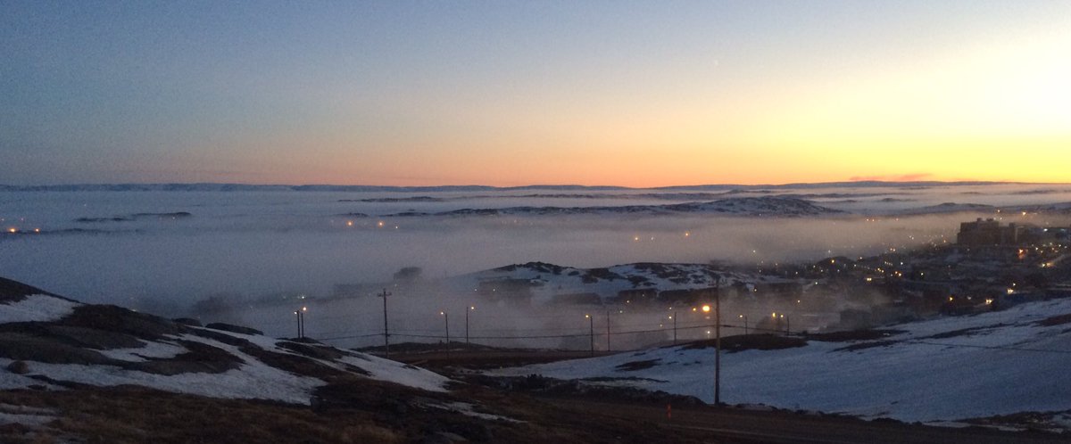 Iqaluit just after sunset tonight at 10:15. Fog filling the lowlands.