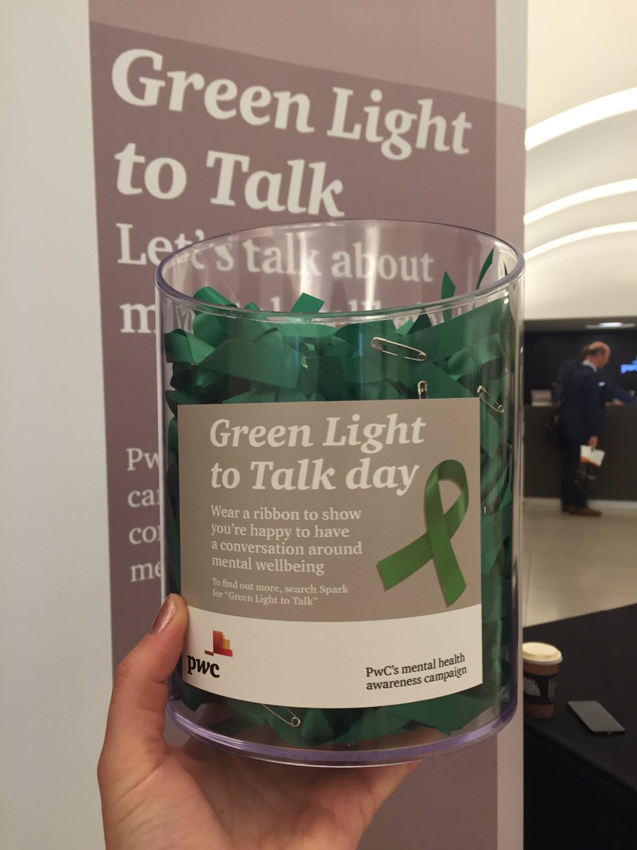 Purdie_McBride's tweet photo. It's @PwC_UK #GLTT Day - pick up your green ribbon in support of #MHAW this morning! @pwcfoundationuk https://t.co/tKBQWSqb0F