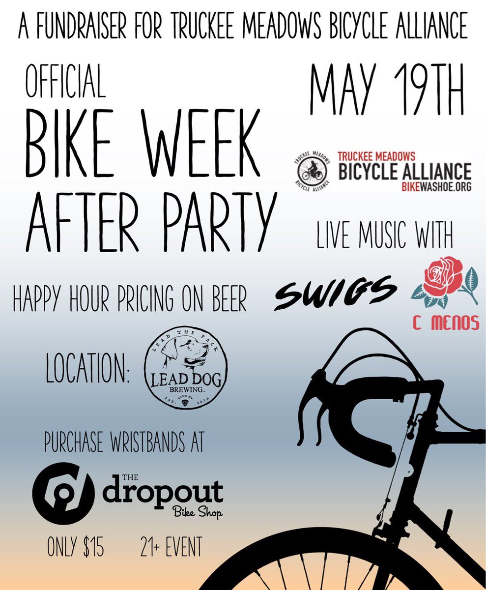 Have you heard about our #BikeWeekAfterParty? What better way to close out a week of biking? <a href="/swigsband/">SWIGS</a> <a href="/renobikeproject/">Reno Bike Project</a>