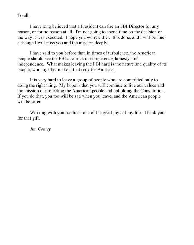 Directorjcomey's tweet photo. Read #JamesComey's farewell letter to #FBI staff. #JamesComeyfiring https://t.co/FMgYt58HfR