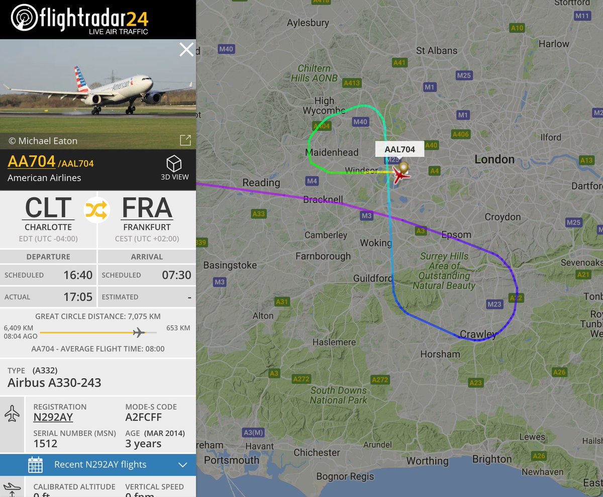 flightradar24's tweet photo. #AA704, Charlotte-Frankfurt, diverted to London-Heathrow due to a medical emergency. https://t.co/ffooZ766GW https://t.co/yZQAj6qPGV