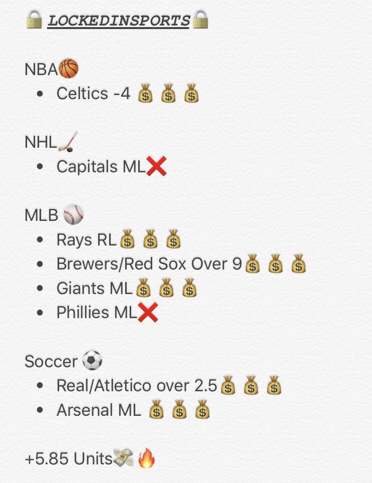 LockedINSport's tweet image. AND what a night we had!! 3-1 👍brings us to 6-2 +5.85U overall on the day 💰💰

Nobody wins more than us #LockedIN🔒

RT for free play tomorrow