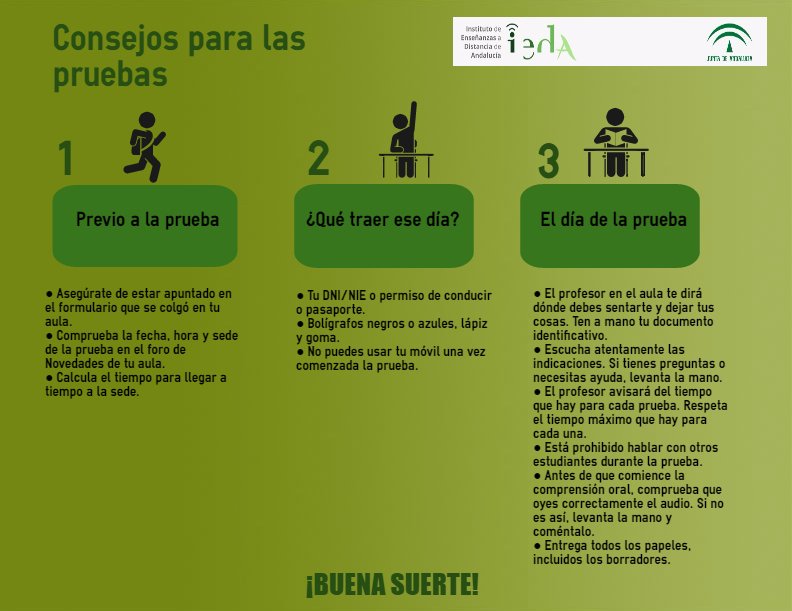 IEDAIdiomas's tweet photo. Mucha suerte para este sábado 13 a los estudiantes de 1º, 2º y 4º.
Consejos para las pruebas #ieda #IEDAIdiomas https://t.co/EBAmsvkpJD