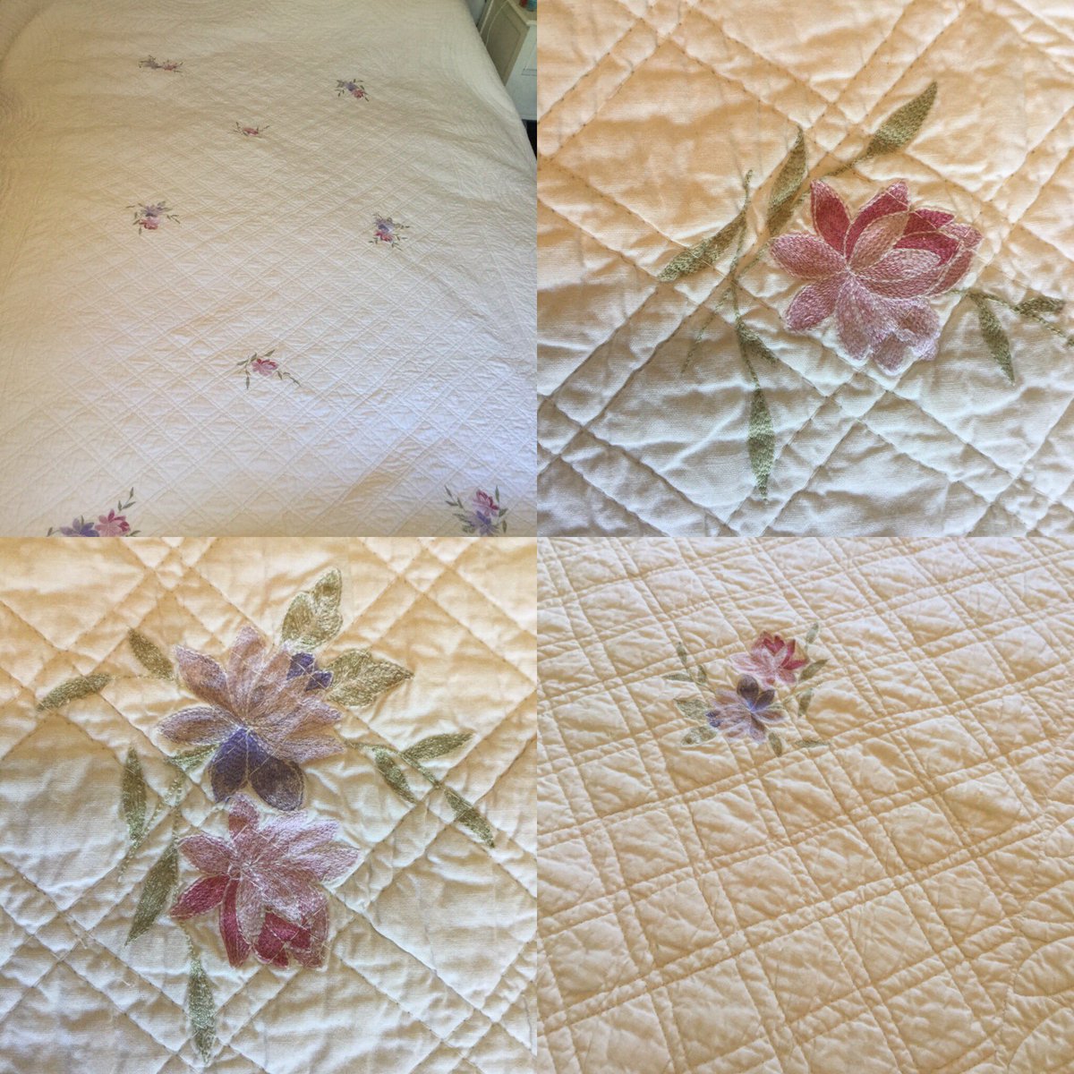 Exquisite large double cream quilt with flowers now in my etsy shop etsy.com/uk/shop/hearta… #patchwork #quilt