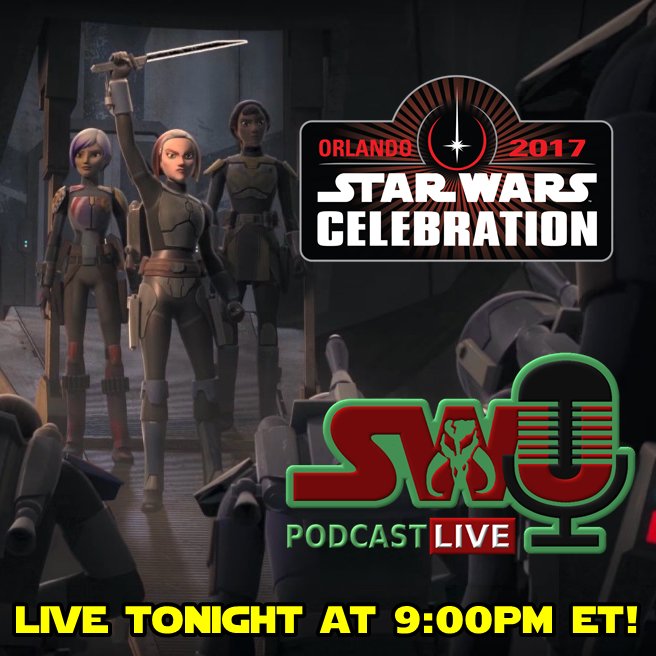 TheSWU's tweet photo. Listen to the #SWUPodcast LIVE tonight at 9pm on @Channel1138 as we cover days 3 & 4 of #SWCO & break down the latest #StarWars news! -B- https://t.co/65i6DrwT4Y