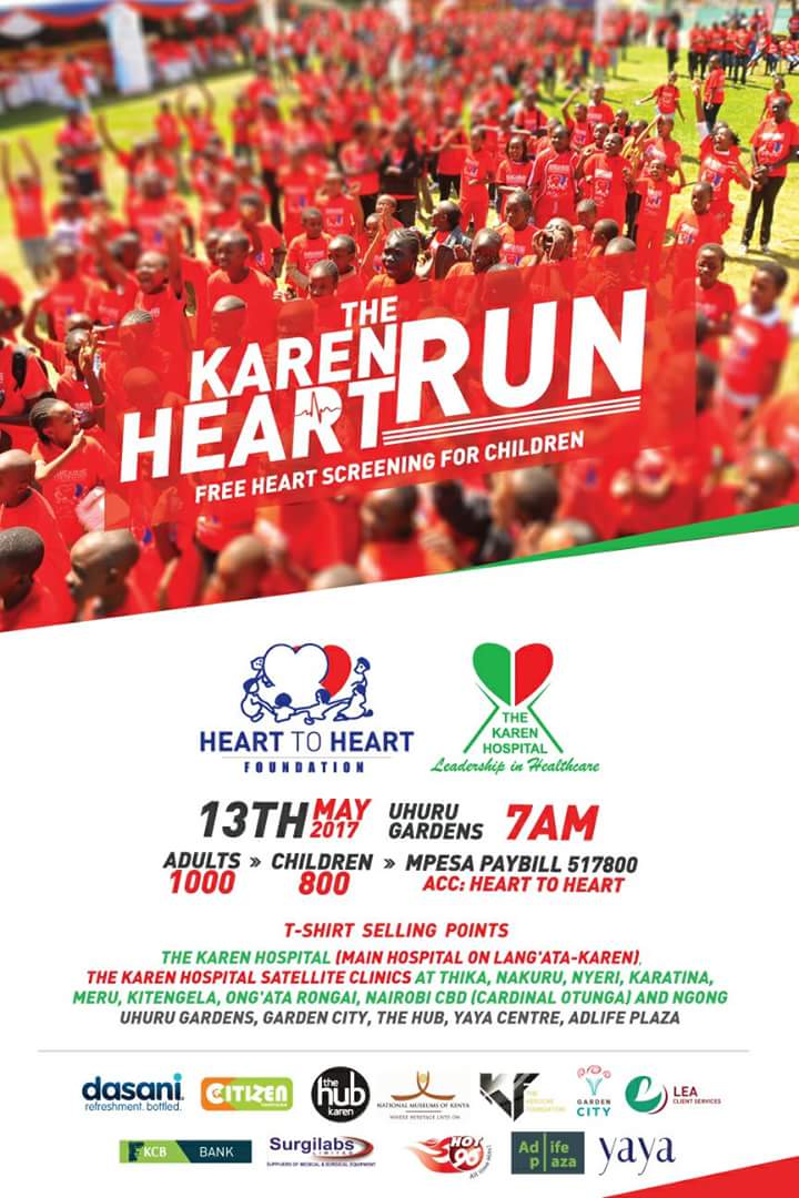 pmusesya's tweet image. #KarenHeartRun will take place on 13/5/17 at the Uhuru Gardens, Langata Road. T-shirts go for 800- children and 1000- adults. @FundsareUS