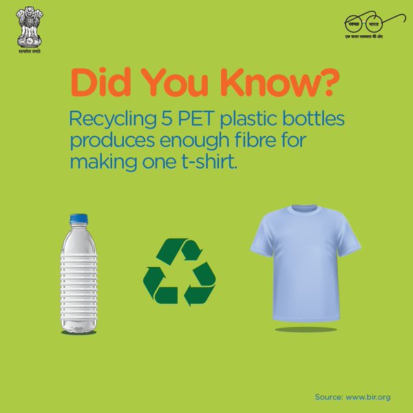 SwachhBharatGov's tweet image. Recycle plastic products as much as you can. Save your motherland! #MyCleanIndia #SwachhBharat