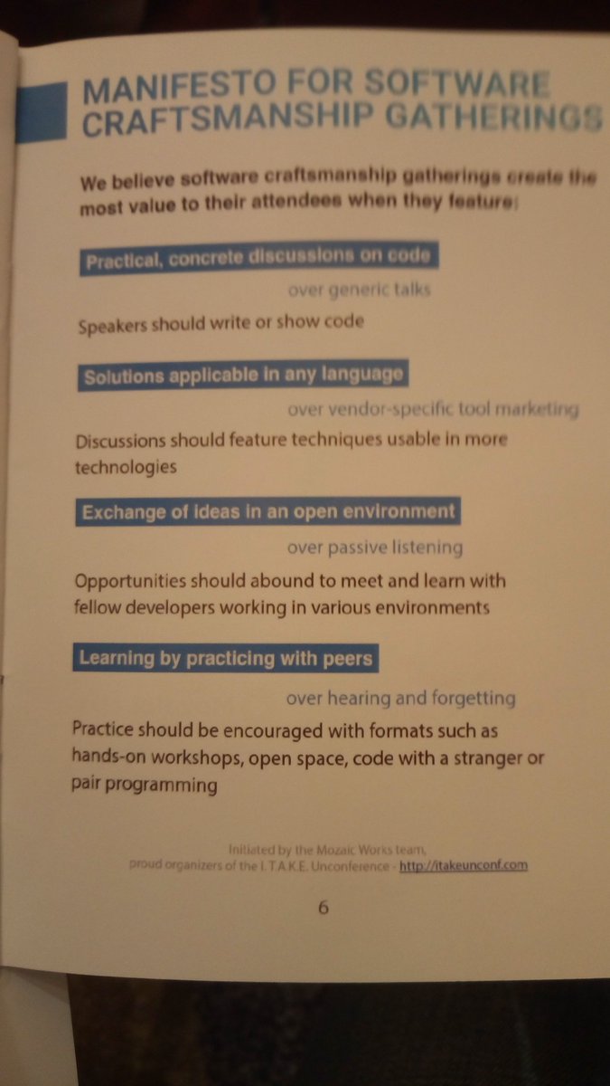 patbaumgartner's tweet photo. Wow! A Manifest For Software Craftsmanship Gatherings @itakeunconf #itakeunconf https://t.co/8rblAe3i3u