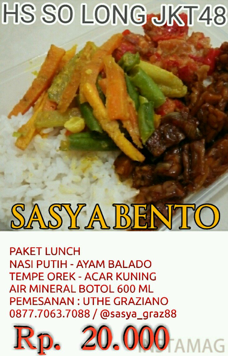 PO Makanan di HS SO LONG
Bisa bayar di HS
Nasi + Ayam + Tempe Orek + Sayur Acar + Aqua Botol 600ml = Rp. 20.000

CP digambar
Help RT