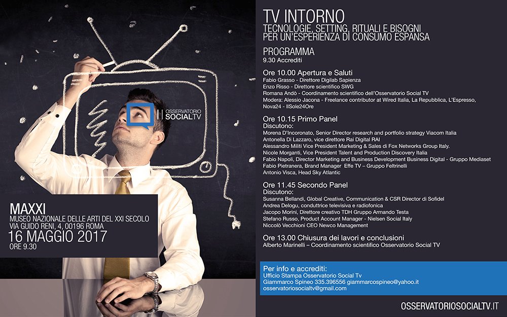 albmarinelli's tweet image. Martedì 16 maggio al Maxxi di Roma l'Osservatorio Social Tv presenta la ricerca 2016-17 "TV Intorno". Questi i panel in programma