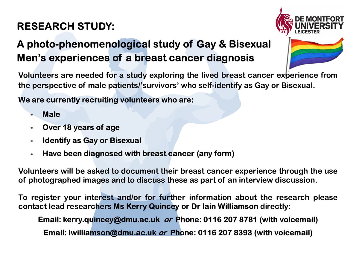 DMUMacResearch's tweet photo. Dr @kquincey and colleagues are researching into men's experiences of living with breast cancer. Please get in touch if you can take part! https://t.co/qc1UVoNfw2