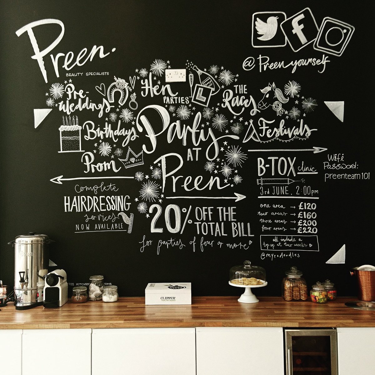 New chalkboard doodles for <a href="/preenyourself/">Preen</a> this week 😍✨ it's all about the party! #myrodoodles #drawnbyhand #chalkboardart