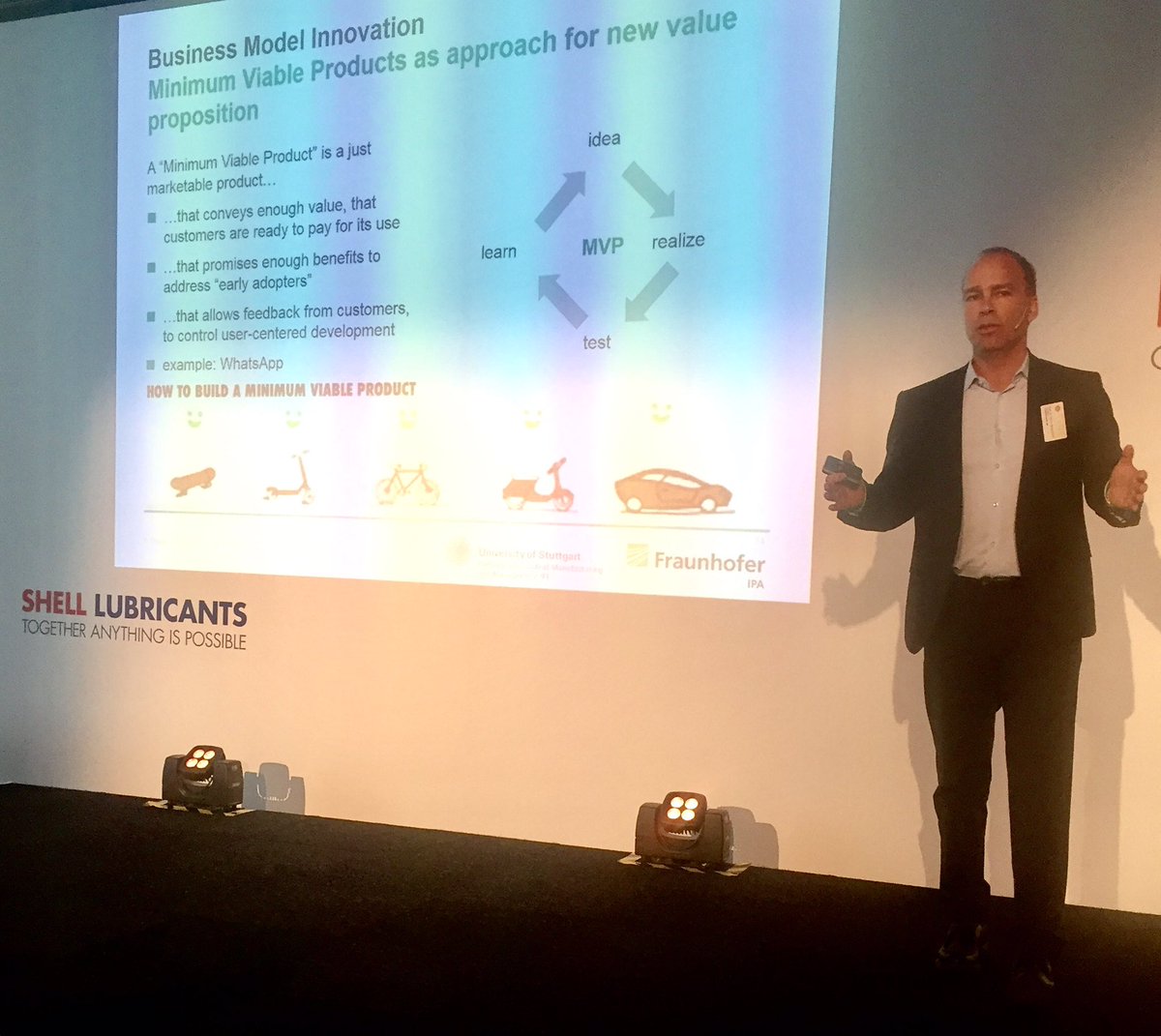InnovToday's tweet photo. "The #Minimum #Viable Product approach is a key #BusinessModel #Innovation" - Prof. Thomas Bauernhansl at #ShellTechForum https://t.co/QN2V8TZ05P