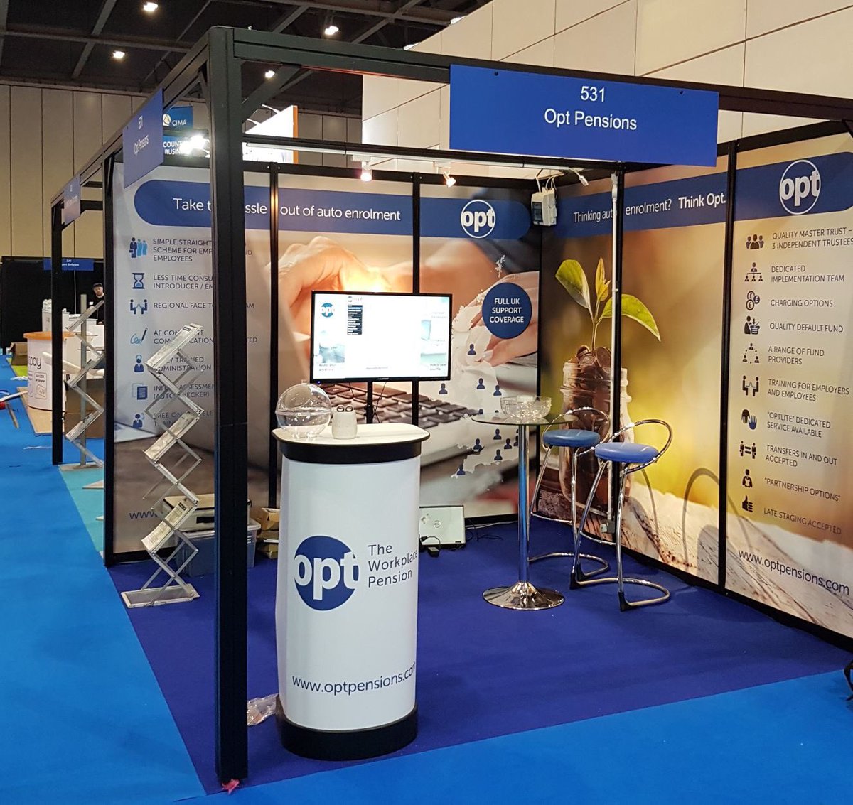 OPTESSLTD's tweet photo. We're ready for day 2 @Accountex Come and talk to us about your auto enrolment needs at stand 531! #optpensions #ae #pensions #accountex https://t.co/ODHZ4aAhvQ