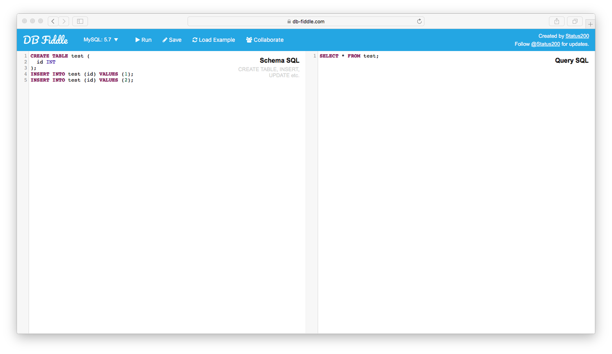 Status200's tweet image. Did you know: db-fiddle.com is a great tool for testing, debugging and sharing SQL snippets #sql #sqlfiddle #mysql #pgsql #sqlite