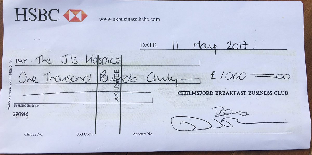 #Chelmsford #Breakfast club this morning handing over a cheque for £1000 to the @TheJsHospice from our members! #charity #makeadifference