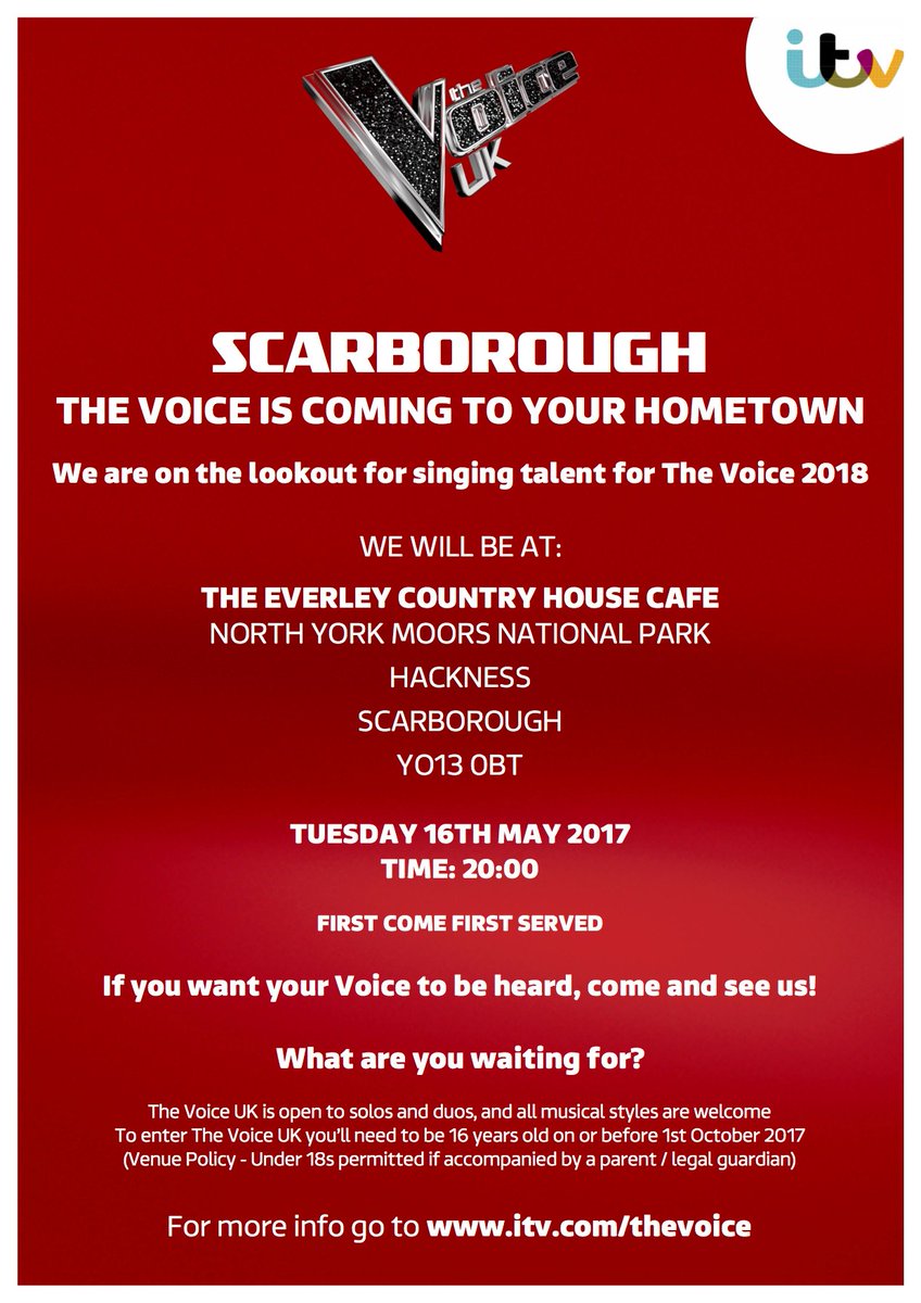 EverleyCafe's tweet photo. @TheVoiceUK is coming to #Scarborough soon!
Don't miss out! @ScarboroughUK https://t.co/jXBbDawfxT