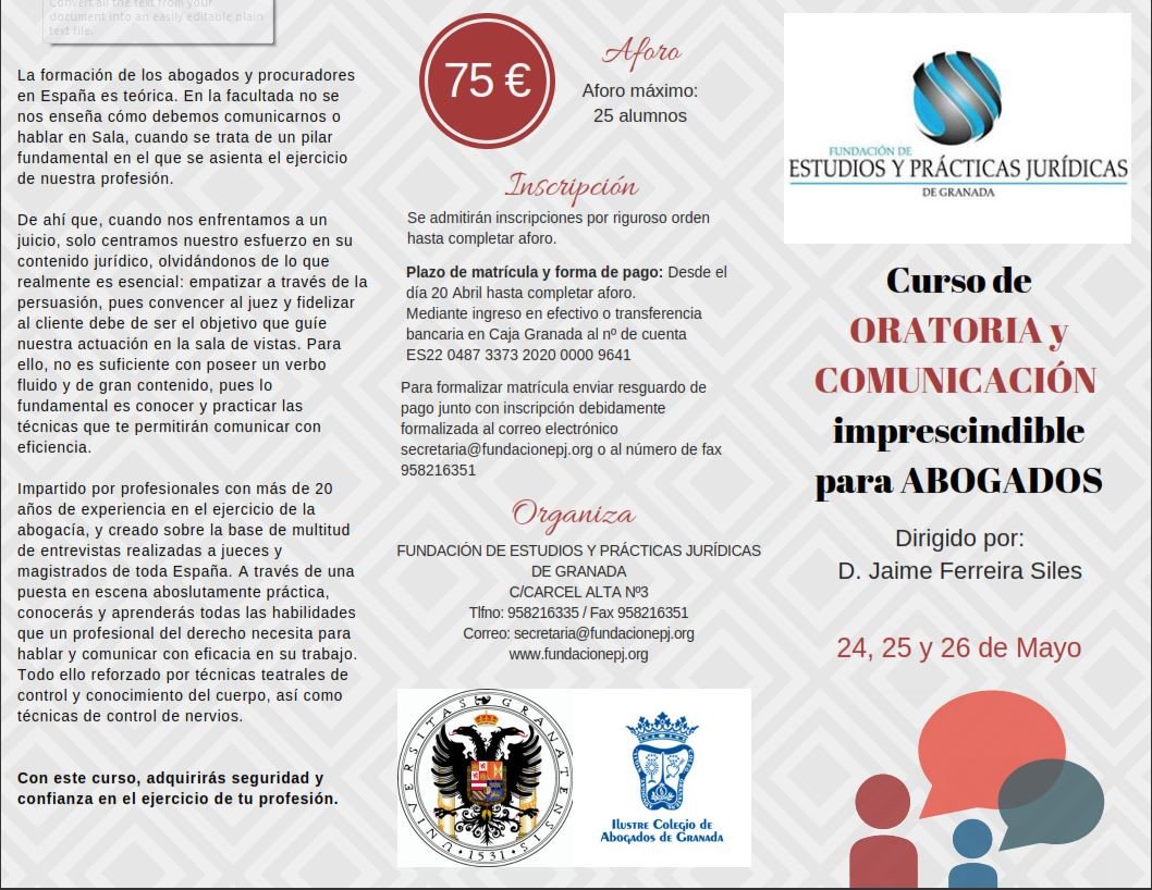 IcagrTwit's tweet photo. 24-26 MAY│Mejora tus habilidades a la hora de hablar en sala con el Curso de #Oratoria y Comunicación de la #FEPJ. https://t.co/Miy8cXpWUH https://t.co/NdA2sIvPFE