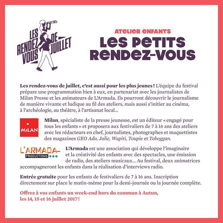 rdvjuillet's tweet photo. Des ateliers gratuits de 7 à 16 ans pour devenir journaliste, archéologue, pâtissier, et méditer. 
Par @MilanJeunesse &amp; @L_Armada_Prod ! https://t.co/xG8GPFUzh2