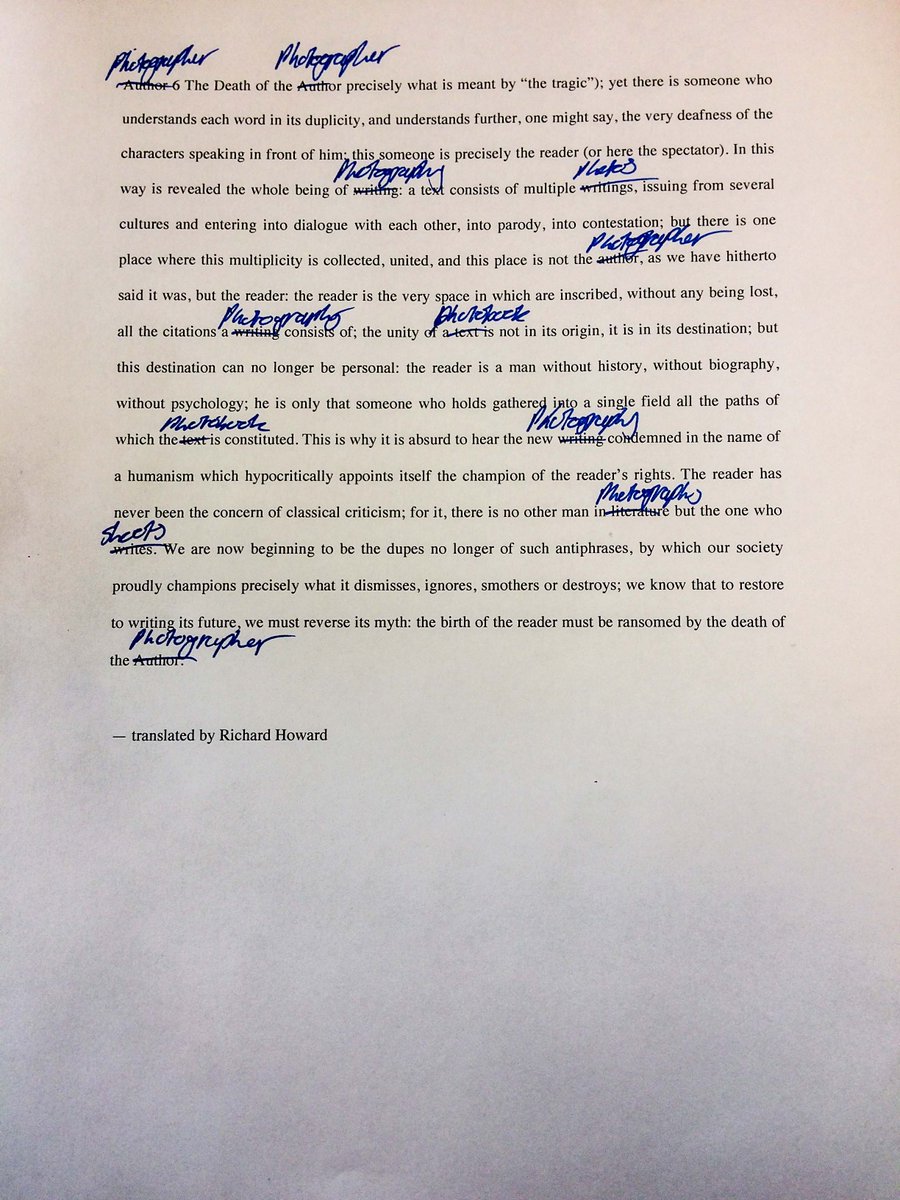 EmRDCphoto's tweet photo. Find Roland Barthes "The Death of the Author".  Replace words.  Read Resulting Text. #ElizabethTonnard #Phonar2017 #PhotographersPlaybook https://t.co/xWzSmTun0B