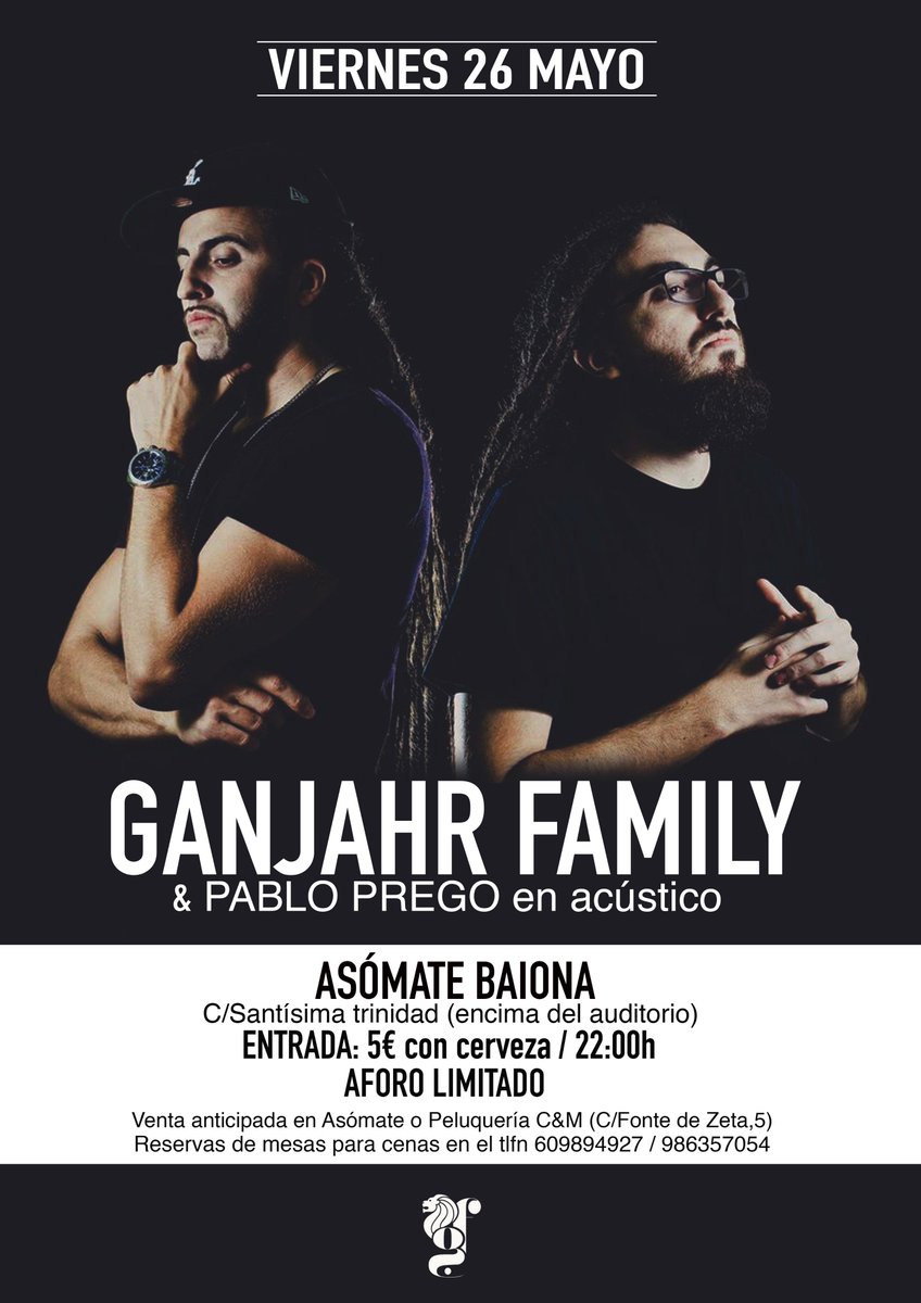 MAD91Familia's tweet photo. Viernes 26 de mayo
@ganjahrfamily & #PabloPrego | acústico |
En #Asomate #BAIONA *Aforo limitado*
Entrada 5€ con cerveza
Ant. Asomate / C&M https://t.co/bDcEpr9Zxs