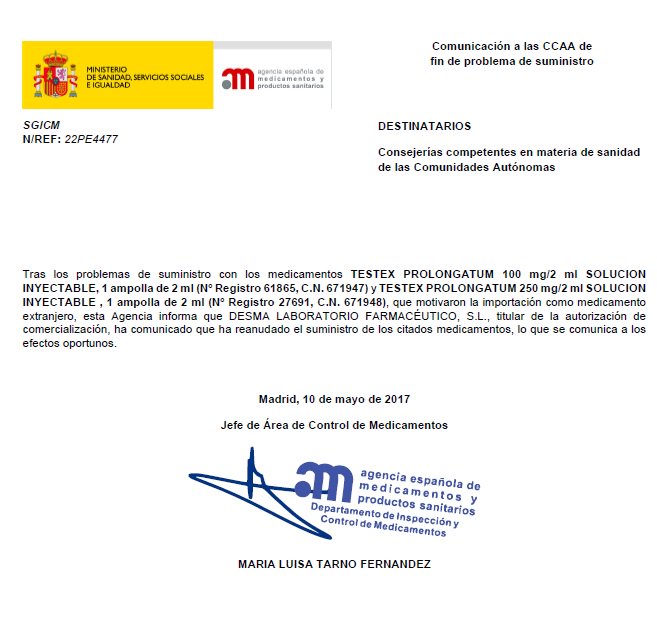 FarmaDSCostaSol's tweet photo. Informa @AEMPSGOB de #Restablecimiento de #TESTEX 100 y 250mg/2ml (testosterona) y finaliza suministro por Medicamentos Extranjeros https://t.co/eeHUh3zdpc
