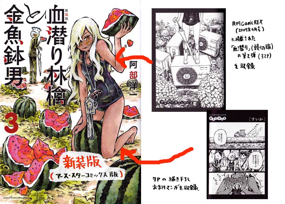 『血潜り林檎と金魚鉢男 第3巻』新装版と旧装版の違い

(新装版)→収録話数が15話～21話。3巻の加筆修正はちょっとだけ。巻末におまけマンガ収録。読切「血潜り～アナザーストーリー2」収録。
(旧装版)→収録話数が番外編2と15話～21話。読切「オニクジョ」収録。 
