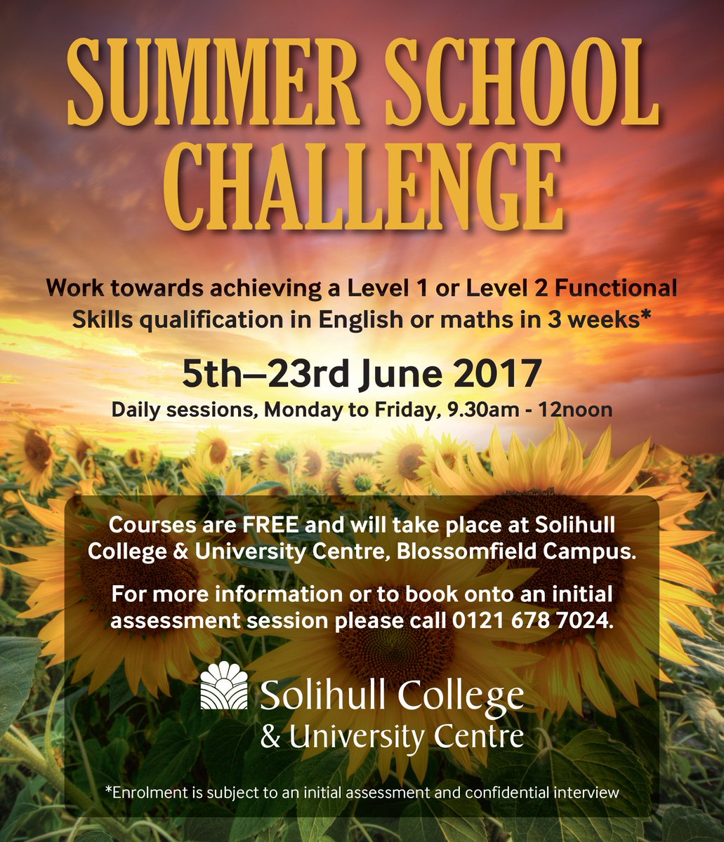 SolihullCollege's tweet photo. Have you signed up to our summer school challenge? You could gain you Level 1 or 2 Functional Skills in Maths or English in just 3 weeks! https://t.co/XDfLwLBamg