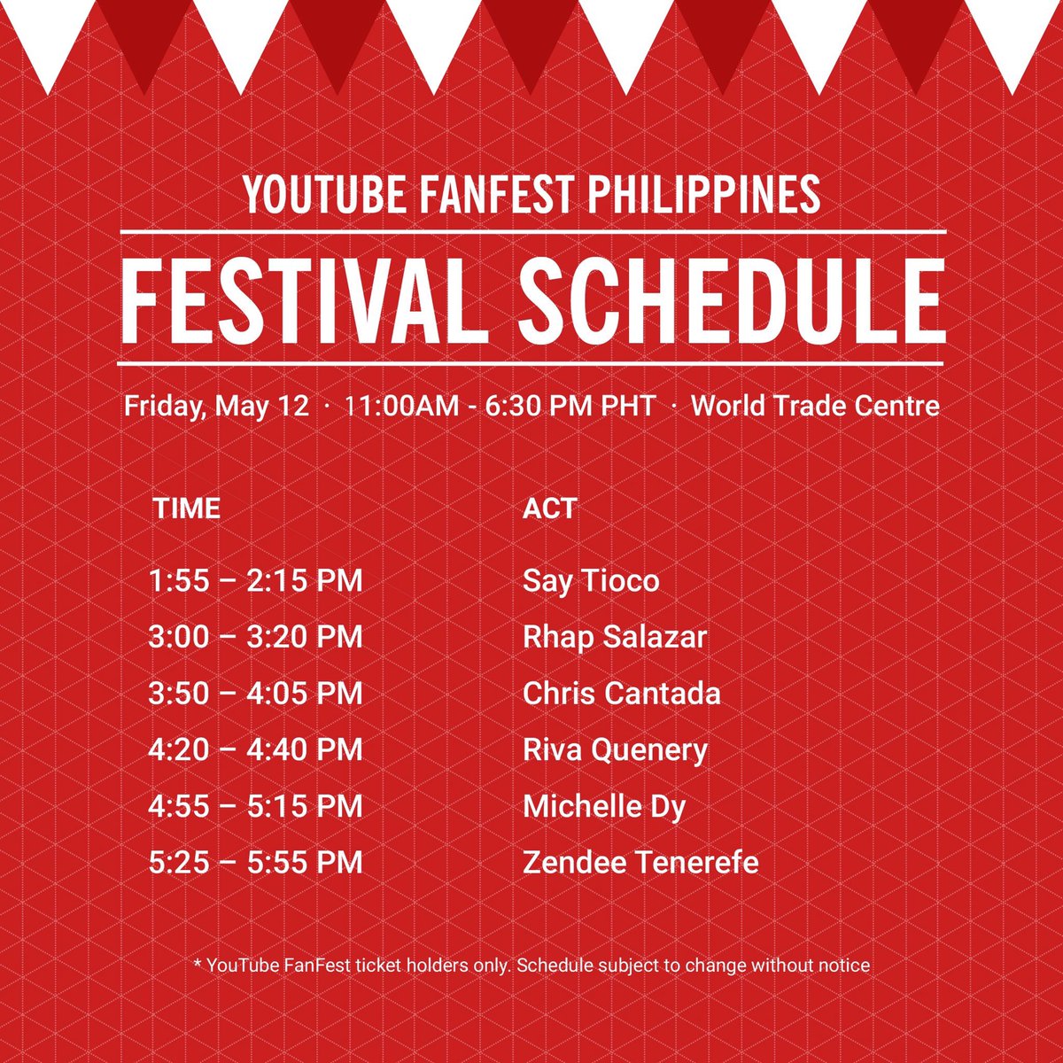 KarlZarate's tweet photo. YOUTUBE FANFEST PRE-SHOW SCHEDULE! ❤️

Hope you guys could come tomorrow! 😍 SEE Y'ALL TOMORROW! #YTFFManila #YTFF https://t.co/iyfdyczR7W