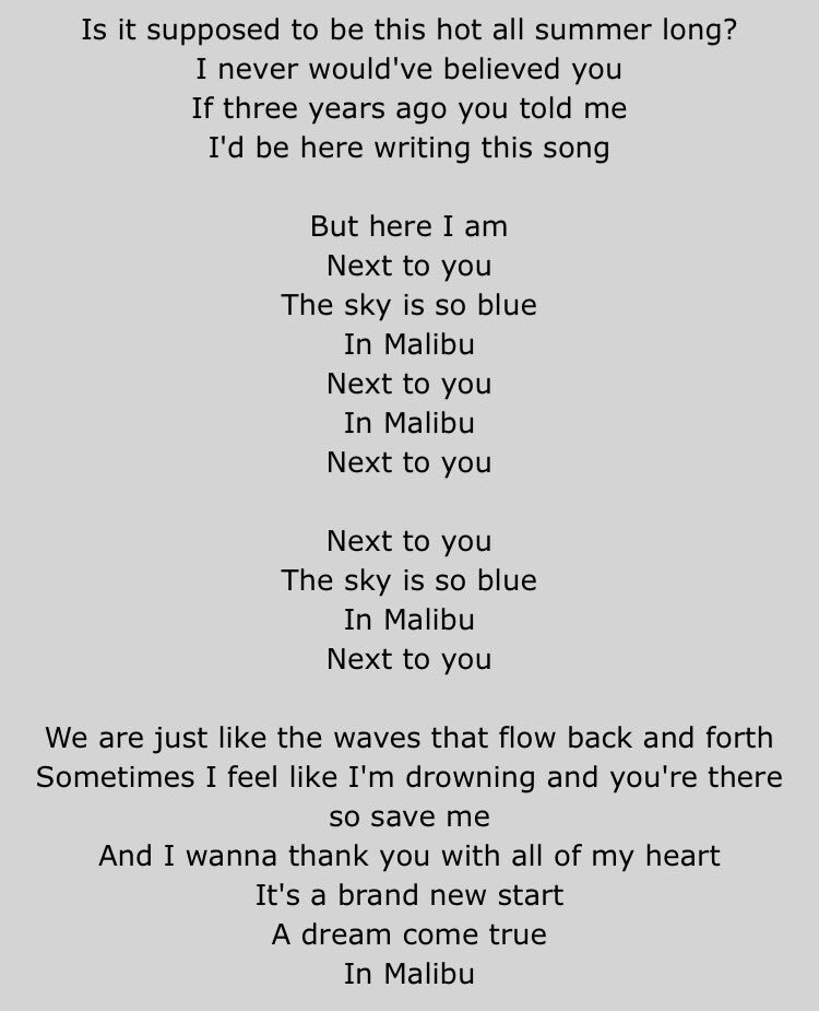 Lyrics From Miley S New Single Malibu Inspired By Her Relationship With Liam Next To You The Sky Is More Blue In Malibu T Co Tt0owvokct