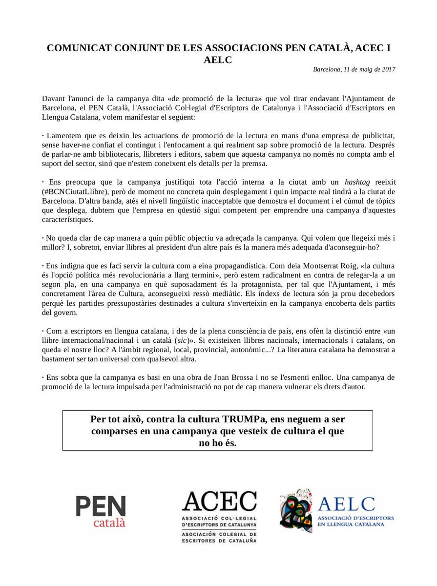 _ACEC's tweet photo. Comunicat conjunt de les associacions d’escriptors davant l’anunci de la campanya de promoció de la lectura https://t.co/ibZKLFtM8m
