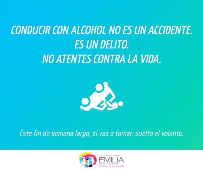 FundacionEmilia's tweet photo. Conducir con alcohol y chocar no es un accidente. Es un delito #CuidaLaVida https://t.co/nSGtmHvW6B