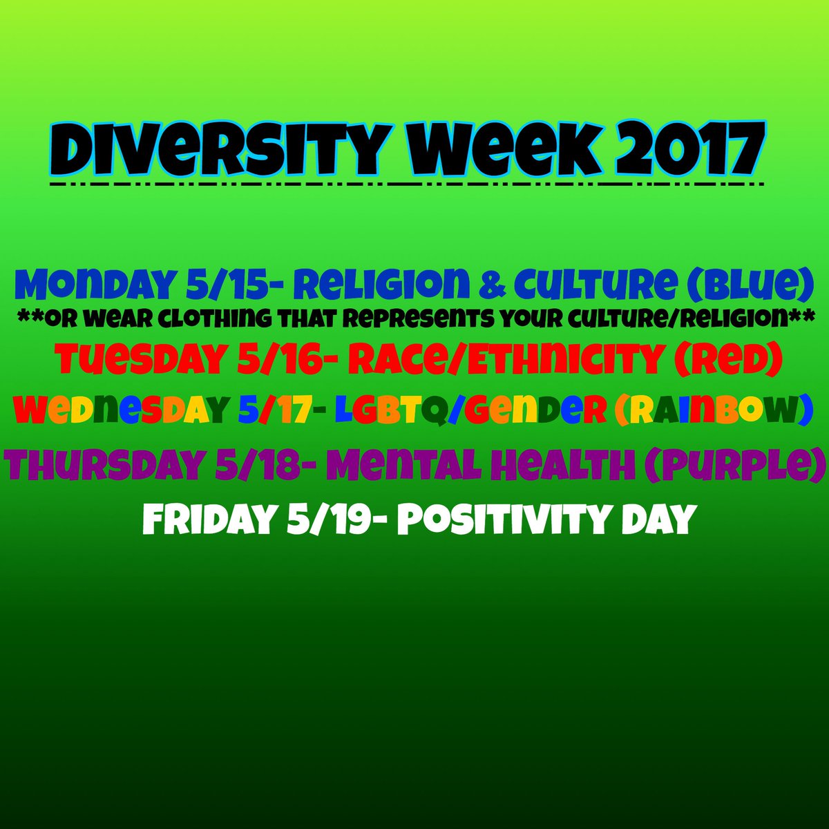 NFdiversityweek's tweet photo. Here are the diversity week spirit days for next week! Wear the color listed with the day🎉🌈 https://t.co/kEVoNU6Gdc