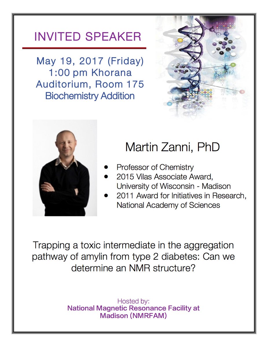 UWBiochem's tweet image. Catch our NMRFAM invited speaker on Friday at 1 p.m. We&apos;re welcoming Martin Zanni. #diabetes #NMR #structuralbio