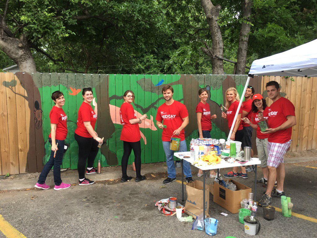bookspringatx's tweet photo. Fountain Plaza mural project is coming along amazingly despite the rain...#KWREDDay #BookspringATX https://t.co/C13fjT29gq