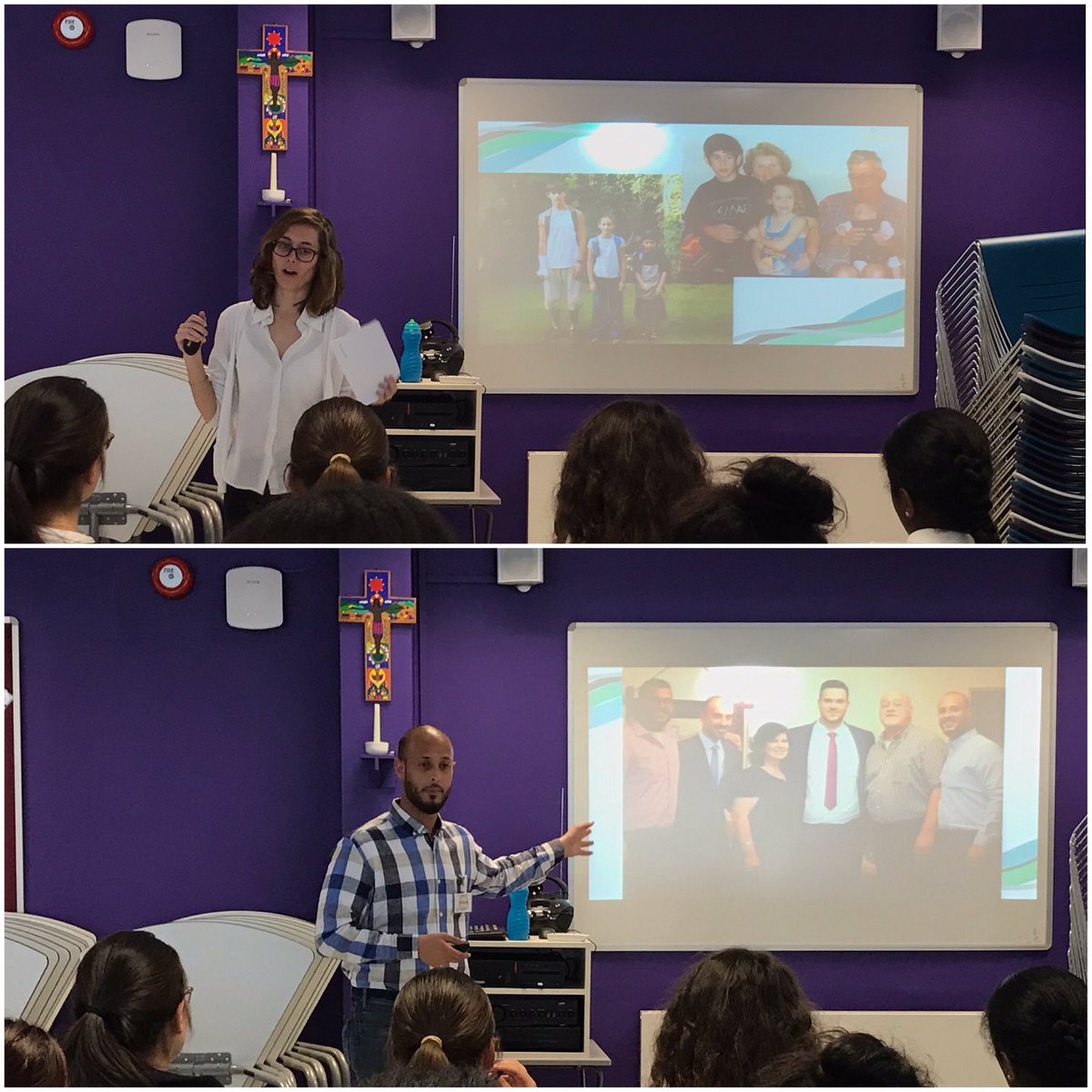 ItmakesSNS's tweet photo. Naama and George off to a great start sharing their personal stories with the students at @Cjmlc #Israel #Palestine #SolutionNotSides https://t.co/JL6HqWE8eu