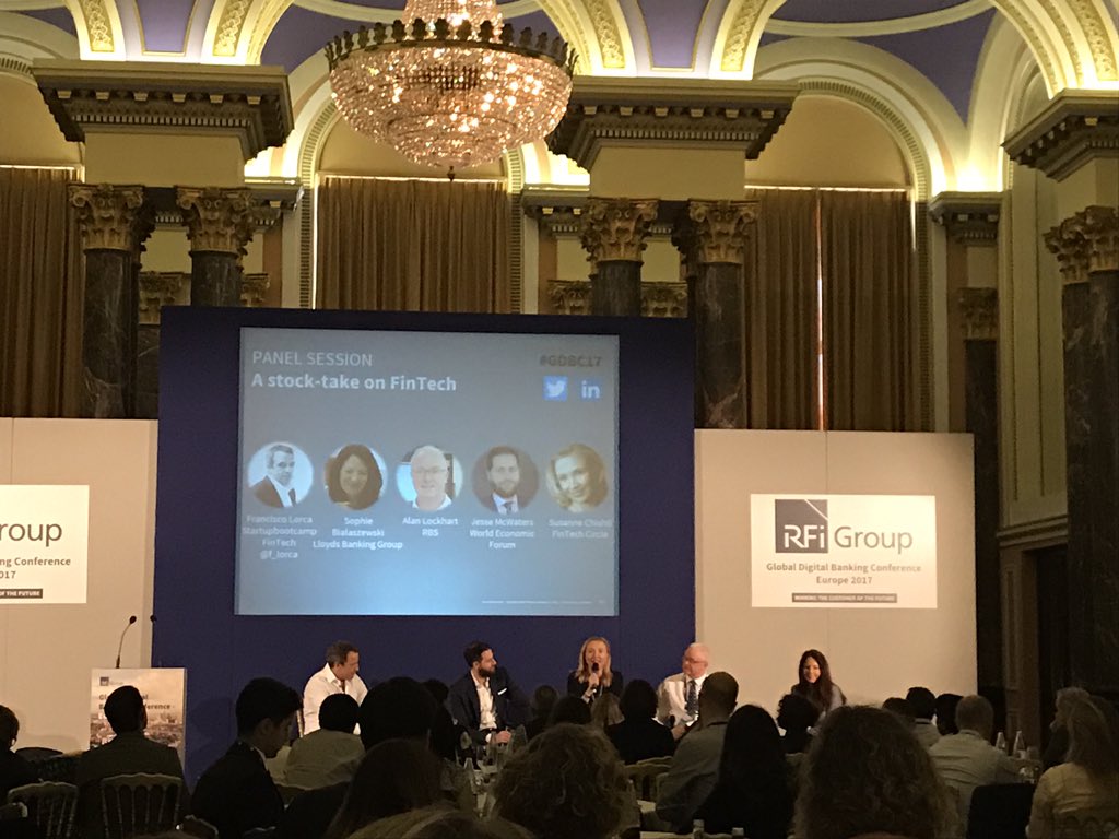 MLDrummond7's tweet photo. @sophiebtalk on stage discussing #culture and the importance of #FinTech and large organisations collaborating together @LBGDigi #GDBC17 https://t.co/I7F0EAymlf