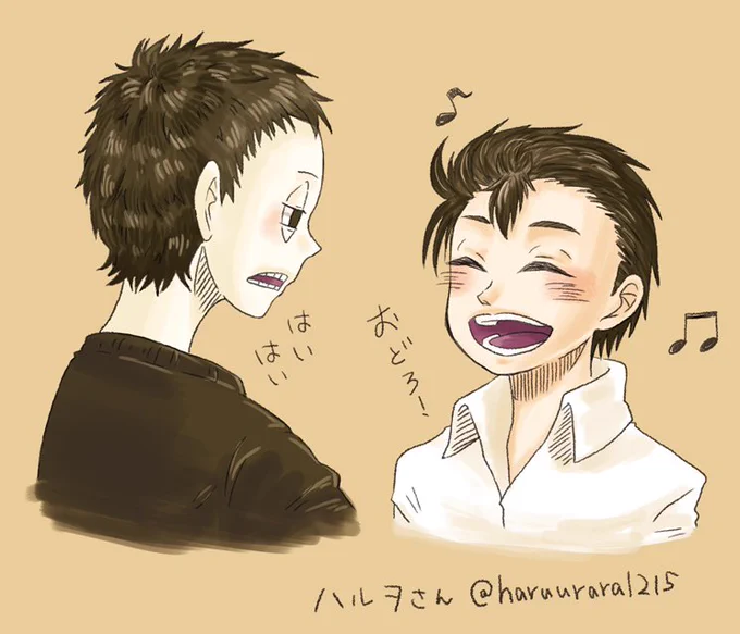 ハルヲさん(@haruurara1215)のアイコン描かせていただきました!!勝手に色塗っちゃってすみません…!!短髪みどくんと笑顔垣くん可愛くて楽しかったです✌️(これ本当は酔っ払い垣くんですよね!すみません💦) 