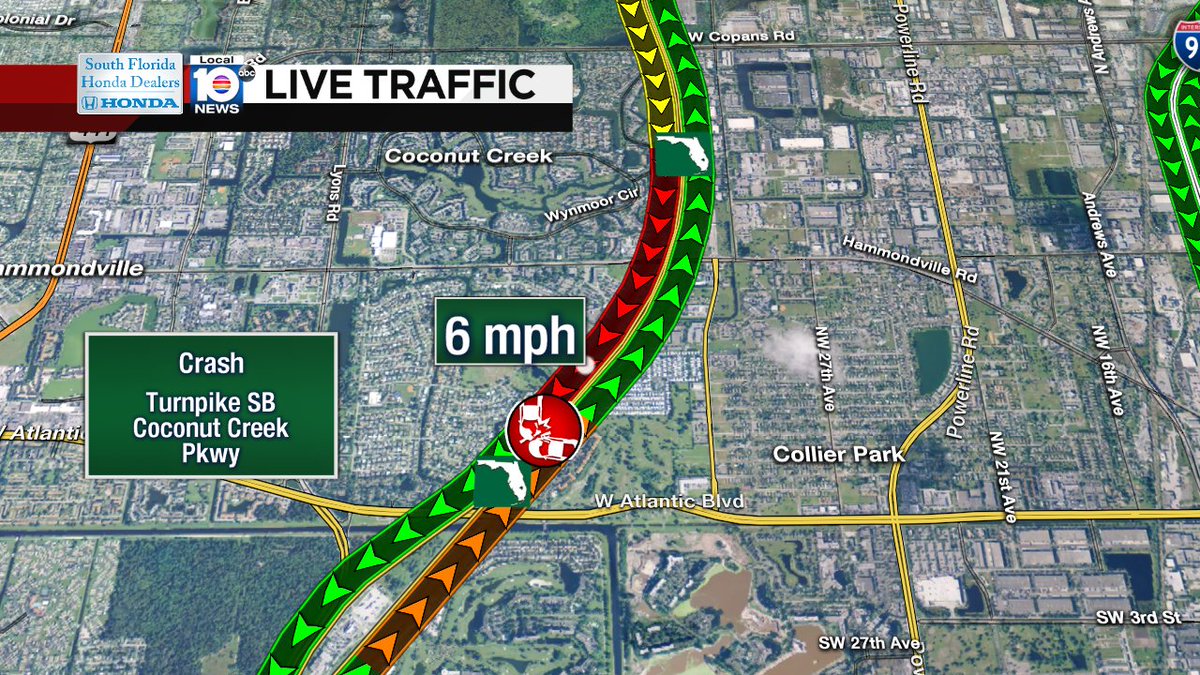 Crash on Turnpike SB at Coconut Creek Pkwy #traffic https://t.co/mPKQiQ6ElO