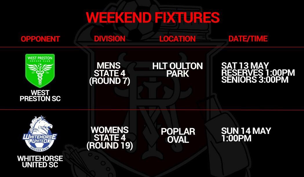 RMITFC's tweet photo. Our fixtures for upcoming weekend 13/5. Only couple matches this time! Come support the Redbacks by dropping into one. #rmitfc #ffv https://t.co/N7EQhDzjJZ