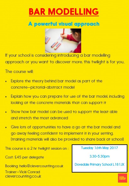 clevercounting's tweet image. Still a few places remaining for our Bar Model twilight next Tuesday @DovedalePrimary Come and join us! #barmodel #seethemaths #mathstoolkit