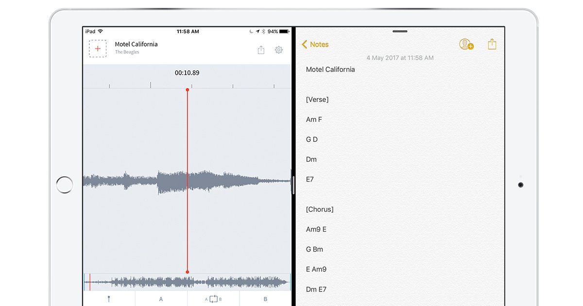 AudioStretch's tweet photo. NEW on AudioStretch: Split screen for your iPad Pro—take notes, tabs, transcriptions on the same screen. Update now: https://t.co/Zx0TxYoaME https://t.co/B2TT8Dl8yN