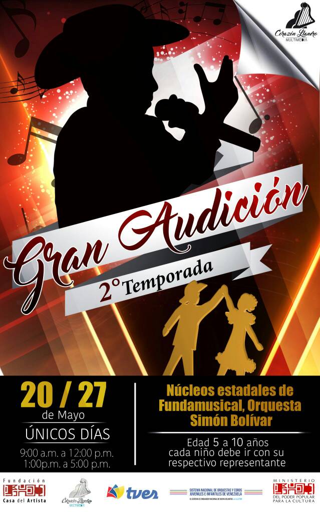 <a href="/SistemaGuarico/">Sistema Orq. Guárico</a> invita a la Gran Audición de <a href="/CorazonLlaneroM/">Corazón Llanero</a> 2° Temporada / Sábado 20 Mayo / Sede del <a href="/NucleoSanJuan/">Núcleo San Juan</a> / Niños de 5 a 10 años